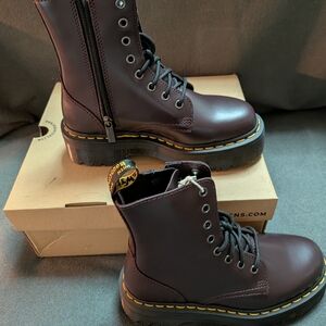 Dr. Martens Burgundy Jadon Combat Boots with Yellow Welt Stitching